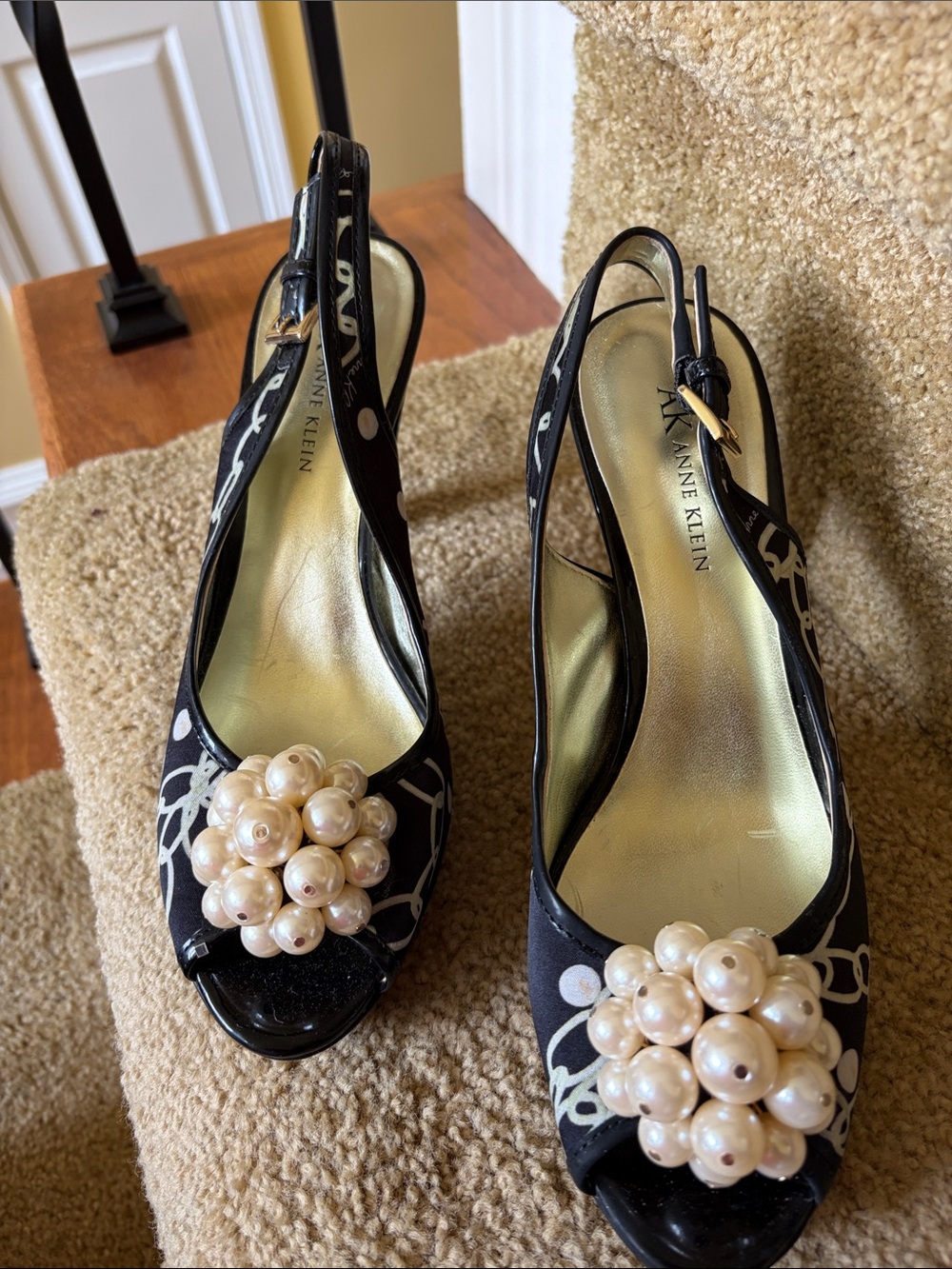 Anne Klein Black Peep-Toe Slingbacks with Pearl Cluster
